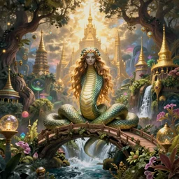 a beautiful sorcerers serpent goddess in a magical kingdom nature and gold towers, magic gardens and waterfalls a bridge made out of oaks, beauty abundance and a by ida rentoul outhwaite