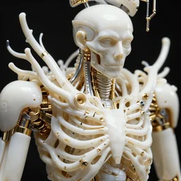 hyper detailed ultra sharp beautiful well contoured porcelain ivory smooth fair subconscious skeletal book of the dead, up close shot, sharp focus, global illumination, radiant light, biomechanical white silver gold rhizomorphs, cyberpunk brackets, alexandre ferra white mecha, irakli nadar, alexander mcqueen, octane highly render, 4 k, ultra hd,