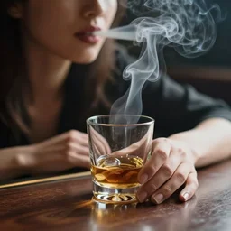 the smoking woman on the bar table with wisky glass, 35mm photo, close view, dramatic soft light, sensual lips, deep shadows and colors, photorealistic, detailed smoke and dust, natural textures, depth of field, ambient occlusion, motion blur, HD, volumetric, chromatic aberration, style of Ade Santora, perfect composition, masterpiece, intricate detailed