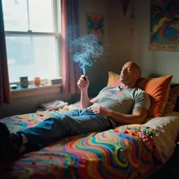 agfa vista 4 0 0 photograph of a cluttered 9 0 s teenagers psychedelic 1 9 6 7 rock hippie bedroom, dwayne johnson smoking on bed, waves ripple color light, synth vibe, window, bed, surrealistic pillow, blur, lsd color patterns, vaporwave colors, lens flare, moody lighting, telephoto, lsd vibe, blurry background, grain, tranquil, calm, lsd hallucinations