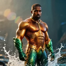 kanye west as aquaman in skyrim, splash art, movie still, cinematic lighting, ray tracing, octane render, long lens, shallow depth of field, bokeh, anamorphic lens flare, 8 k, hyper detailed, 3 5 mm film grain