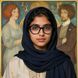 hyper realistic young hyderabadi american muslim woman with short black hair round face dusky skin and black cateye glasses by norman rockwell, hr giger, john sargent, mucha