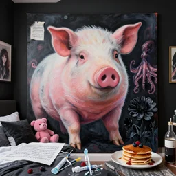giant zen pig, a portrait in a female artist's bedroom, black walls, emo girl with plushies, sheet music, berries, surgical supplies, pancakes, black flowers, sensual, octopus, neo - expressionism, surrealism, acrylic and spray paint and oilstick on canvas