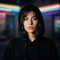 A realistic and detailed portrait photography of a woman wearing black hoodie. by Annie Leibovitz. Neo noir style. Cinematic. Rainbow neon lights and glow in the background. Cinestill 800T film. Lens flare. Helios 44m. Ultra detail. Photoreal. Depth of field.