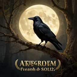side portrait dark crow on tree in front of the full big moon, fine art, awesome fantasy book cover on Pinterest, award winning, fantasy forest landscape, fantasy magic, dark golden light night, intricate, elegant, sharp focus, illustration, highly detailed, digital painting, concept art, matte, art by WLOP and Artgerm and Greg Rutkowski, masterpiece, trending on artstation