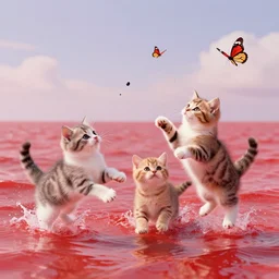 cute kittens jumping around chasing butterflies in the red sea