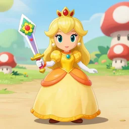 Princess Daisy of the mushroom kingdom in a yellow and orange dress holding a floral sword, 4k, 100lb cardstock