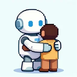 the friendly robot embracing the humanity, colorful pixel art