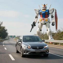 car on the freeway with a gundam standing in the distance, canon ae - 1,