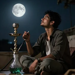 man sitting at night with a hookah and looking at the moon with an open mind, dreamy, realistic, hyper detailed and intricate, hyperrealistic