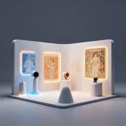 product photo of a futuristic exhibition stand, minimalistic, by artgerm and greg rutkowski and marc newson and zaha hadid, alphonse mucha, samsung apple webcam, matte glossy materials, neon, three quarter view, volumetric light, detailed, octane render, midsommar
