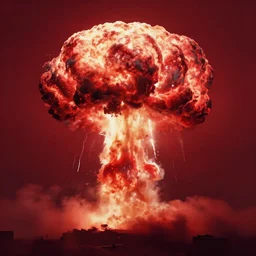 A massive singular Nuclear explosion in crimson sky by , symmetrical, cgsociety, incenter, octane render, volumetric lighting, dynamic lighting, ultra high detail, fov:1.2, 32k - H 724