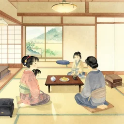 a watercolor of a traditional japanese family bedroom.