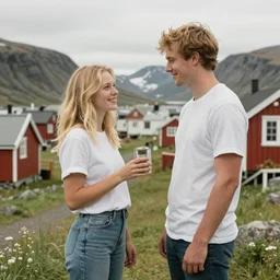 a highly detailed portrait of a young couple from the side, holding a tin can, remote icelandic village, summer, jeans and t shirt, blonde hair, muted colors, joy, by tom bagshaw, trending on artstation,