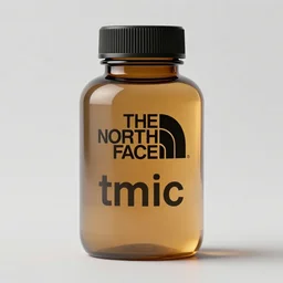 concept art of a north face brand dietary supplement with t m i c written on it in a transparent modern rounded bottle filled with gold brown liquid, black top, by greg rutkowski, white tones, white background, digital painting, artstation, concept art, smooth, sharp foccus ilustration hq