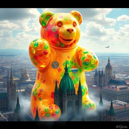 hyperdetailed painting of an oversized colorful translucent gummy bear towering over budapest, destroying hungarian parliament, highly detailed illustration, by artgerm, artstation, unreal engine 5 photorealistic