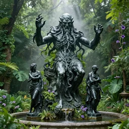 a classical greek marble statue of an eldritch cthulhu atop a fountain in a lush dense verdant garden by albert bierstadt and mark arian and ferdinand knab and gil elvgren, black marble statue, lovecraftian, mist, hyperrealism, volumetric lighting, god rays, ultrafine details, sfumato, purple flowers, overgrown