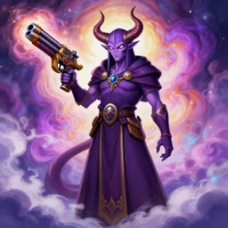 fine detailed digital painting concept art of tielfing cleric dnd character holding fantasy gun, demon horns, purple skin color, art station, mystic magic clouds background, colorful, moebius color style, final fantasy castelvania game art