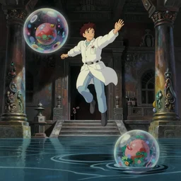 hyperrealist, studio ghibli dull colors painting from close encounters of the third kind 1 9 7 7 of a scientist jumping between two beautiful spheres in a bubble in a flooded temple.