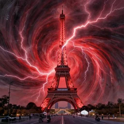 red lightning vortex in paris, concept art, trending on artstation, wlop, ross draws, digital painting, mixed media, intricate details, volumetric lighting