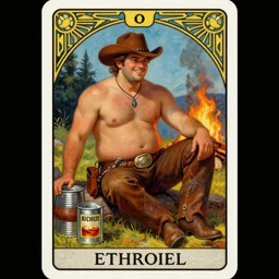 ethereal dramatic tarot card painting of a shirtless handsome smirking cowboy with a chubby build and belly | sitting | background is a serene campfire | tin cans and jugs of whisky | tarot card, art deco, art nouveau | by Mark Maggiori | trending on artstation