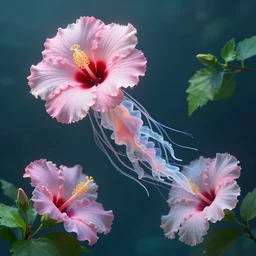 hibiscus flowers floating underwater like a jellyfish, leaves as tentacles, photographic, photorealistic, volumetric lighting, detailed, smooth, artstation, octane render, wolp
