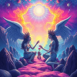 a psychedelic realm at the edge of the known universe, astral beings sharing love in the style of wlop and lisa frank and bob ross, illustration, epic, fantasy, hyper detailed, smooth, clear, ray traced