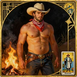 a beautiful portrait painting of a handsome shirtless cowboy wearing cowboy hat and bandana with a chunky build and belly next to a campfire, golden hour, dark background, homoerotic, tarot card, art deco, art nouveau,  by Walter Crane, by Mark Maggiori, trending on artstation