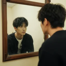 a young man looks at an old reflection of himself