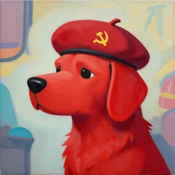 Portrait painting of a antropormophic Red Dog using a communist red beret as an Overwatch character, medium shot, asymmetrical, profile picture, Organic Painting, sunny day, Matte Painting, bold shapes, hard edges, street art, trending on artstation, by Huang Guangjian and Gil Elvgren and Sachin Teng