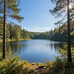 portrait of a large lake surrounded by pine forest, highly detailed, sunny, blue sky, cinematic lighting, highly angle, godrays, volumetric, photorealistic, digital art painting by greg rutkowski