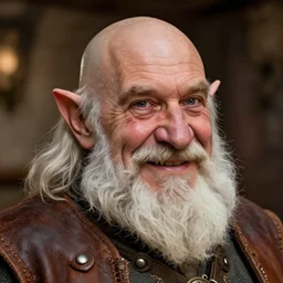 head and shoulders portrait in a tavern of a dwarf adventurer, jovial, scarred lip, grandfatherly, leather armor, male, high fantasy, d & d, by alphonse mucha, face details, extremely detailed, vogue magazine photo