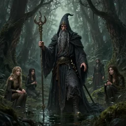 mystical wizard in haunted swamp, surrounded by forest, highly detailed, d & d, fantasy, highly detailed, digital painting, trending on artstation, desaturated, concept art, sharp focus, illustration, global illumination, ray tracing, realistic shaded, art by artgerm and greg rutkowski and fuji choko and viktoria gavrilenko and hoang lap