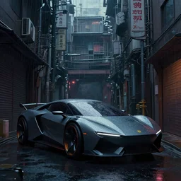 Cyberpunk back alley with a futuristic car in the foreground on a rainy day in Japan, low angle view, detailed matte painting, cinematic, Simon Stalenhag, Artstation