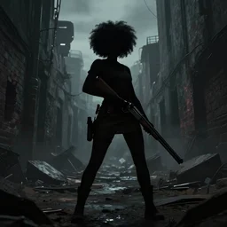 a dynamic long shot portrait of the silhouette of a black girl with an afro and a shotgun at a post apocalyptic alley, by simon stalenhag, dark and ominous, digital illustration, behance, rendered in unreal engine 5, rim lighting, ray tracing, 8 k, hd