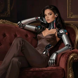 female android relaxing on sofa, dark, elegant, by Alessandra Ambrosio, rich deep color scheme, artstation, detailed illustration