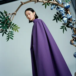 An film still of a futuristic girl wearing purple cape in porcelain and metal and lush branch featured in Vogue and GQ editorial fashion photography, Anaglyph, tilted 35° frame, dutch angle, beautiful eye, symmetry face, Long shot wide shot full shot, haute couture dressed by Givenchy and Salvatore Ferragamo, Canon EF 85mm f/1.4L IS USM
