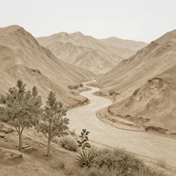 installation art. a landscape of a mountainous area with a river running through it. there are trees and plants in the foreground, and the mountains are in the background. archean by naomi okubo, by ellen jewett delicate, earthy