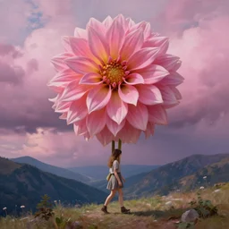 giant dahlia flower crown head, girl walking on a mountain, surreal photography, pink storm clouds, dramatic light, impressionist painting, digital painting, artstation, simon stalenhag