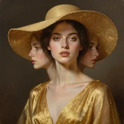 minimalist oil matte painting, woman with a golden dress and bronze summer hat, detailed faces, wonderful masterpiece highly detailed, beautiful cinematic light deep focus, elegant, smooth, sharp focus, golden ratio, dramatic illumination, ultra realistic, 8 k, art by kristina alisauskaite and caravaggio