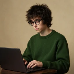 portrait of a shaggy black haired teenager with glasses, a dark green sweater and a black laptop computer, Renaissance painting