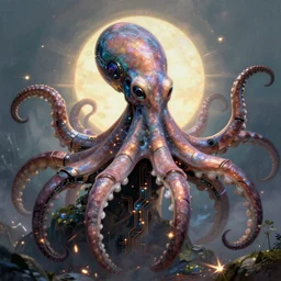 portrait of a a cyborg octopus in a scenic environment by wayne barlowe, cyberpunk, circuits, sparks