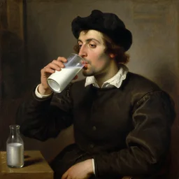A renaissance oil painting of a man drinking milk.