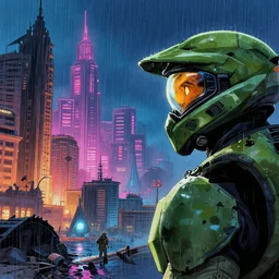 close shot of a hopeful odst looking at the rainy fallen city of alexandria in halo odst by sandra chevrier, moebius, atmospheric, fine details, vivid, neon, masterpiece
