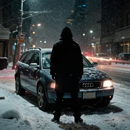 Audi A4 B6 Avant (2002), a gritty neo-noir, dramatic lighting, cinematic, eerie person silhouette, death, homicide, homicide in the snow, establishing shot, extremely high detail, photorealistic, cinematic lighting, artstation, by simon stalenhag, Max Payne (PC) (2001) winter new york at night, flashing lights, Poets of the Fall - Late Goodbye