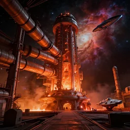 low key lighting hot colours, hyperreal deep space dock mining platform with massive piping inspired by nuclear reactor core maschinen krieger mri machine, chris foss, peter elson, millennium falcon space-station Vuutun Palaa submarine, space-station Vuutun Palaa, ilm, beeple, star citizen halo, mass effect, starship troopers, elysium, the expanse, iron smelting pits, high tech industrial, dramatic nebula sky, volumetric lighting