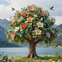 a beautiful awesome artistic tree with flowers like leaves and many birds, all in the amazing outdoors view, mountain in the background, lake, long exposure, 8 k resolution, trending on artstation