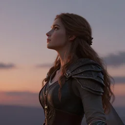 fantasy heroine detailed looking heroically at the sky at dusk, profile, in the style of Milica Čeliković and James Daly, artstation, digital art