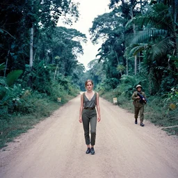 film still, extreme far view, dirt road, emma watson, jungle, vietnam war soldier, apocalypse now, associated press, 2 6 mm, kodak ektachrome, blue tint expired film,