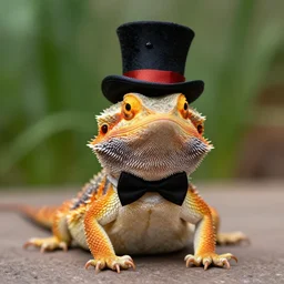 dslr portrait still of a bearded dragon wearing a top hat and bow tie 8 k 8 5 mm f 1. 4